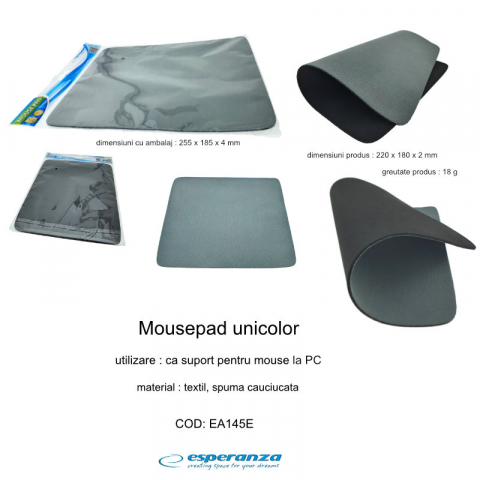 Mousepad unicolor, Esperanza 90845, dimensiuni 220 x 180 x 2 mm, gri [5]