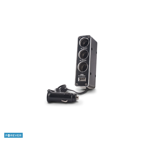 Bricheta auto - Multiplicator cu 3 brichete auto si un port USB 0.5A, intrare 12V, cablu 60 cm, negru