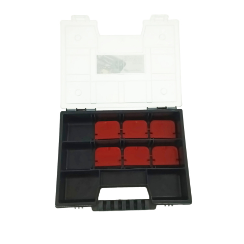 Cutii impachetare - Organizator portabil cu maner, 10 compartimente cu despartitoare detasabile, 195x155x35mm, capac transparent, negru