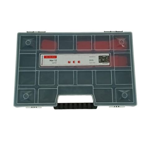 Cutii impachetare - Organizator portabil cu maner, 20 compartimente cu despartitoare detasabile, 290x195x35mm, capac transparent, negru