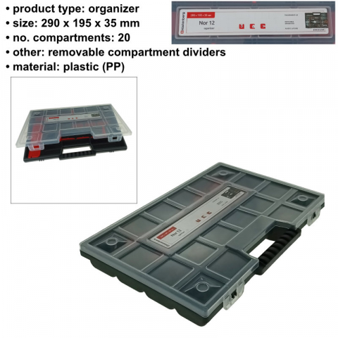 Organizator portabil cu maner, 20 compartimente cu despartitoare detasabile, 290x195x35mm, capac transparent, negru [5]