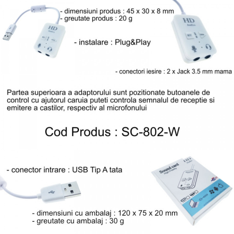 Placa de sunet USB, Virtual 7.1 Channel, cu iesire 2 x Jack 3.5mm mama, butoane de comanda, indicator Led, alba [5]