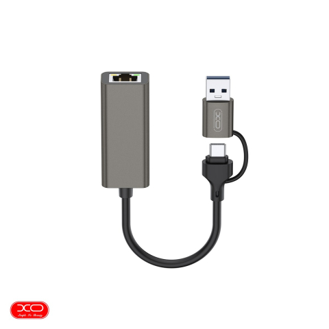 Retelistica - Placa retea XO HUB018 2 in 1, 100Mbps,  port RJ45 la  USB-A tata si USB-C tata , cablu 12cm,  gri