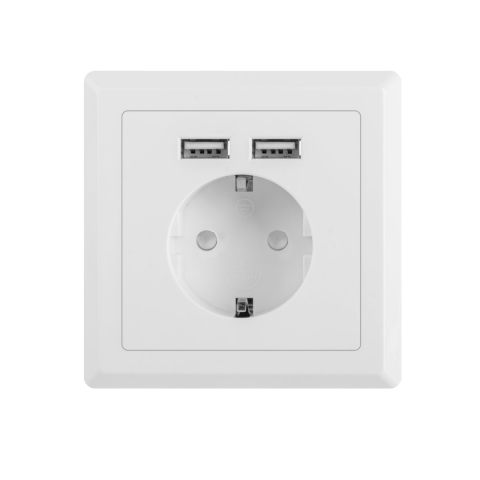 Accesorii prize - Priza schuko de perete 100V - 240V 16A, Lanberg 41442, cu 2 porturi USB 5V 2.1A, 86 x 86 x 45 mm, cu impamantare, alba