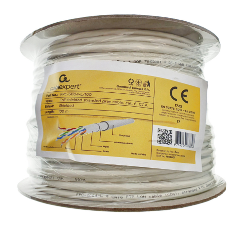 Rola 100m cablu LAN cat 6 FTP (CCA), Cablexpert 07869, cu perechi torsadate ecranate cu folie, gri [2]