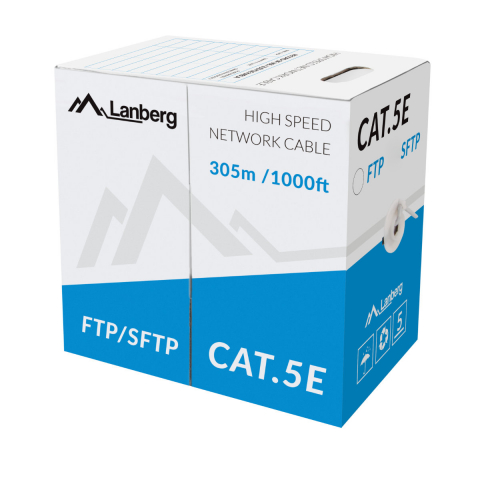 Rola Cablu FTP - Rola cablu ecranat FTP, Lanberg 41406, cat.5e, lungime 305 metri, AWG 26, 100 MHz, de legatura retea, ethernet, gri