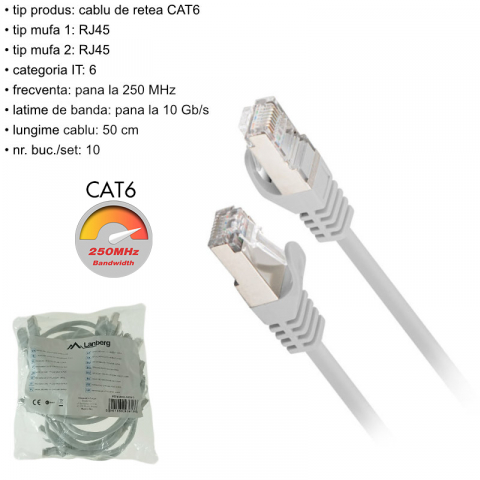 Set 10 cabluri retea-patchcord CAT6 FTP, Lanberg 43613, 2 X RJ45, lungime 50cm, AWG26, 10Gb/s-250MHz, de legatura retea, ethernet, gri [5]
