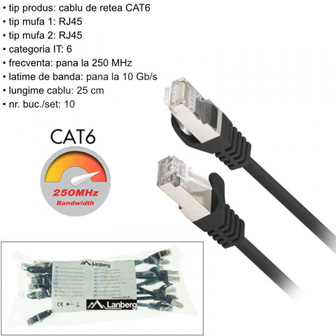 Set 10 cabluri retea-patchcord CAT6 FTP, Lanberg 43618, 2 X RJ45, lungime 25cm, AWG26, 10Gb/s-250MHz, de legatura retea, ethernet, negre [5]