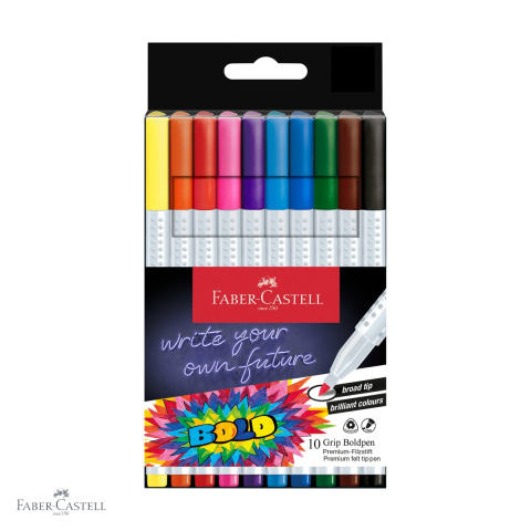 Birotica papetarie - Set 10 carioci Faber-Castell Grip Boldpen, varf lat, forma triunghiulara ergonomica, pentru copii