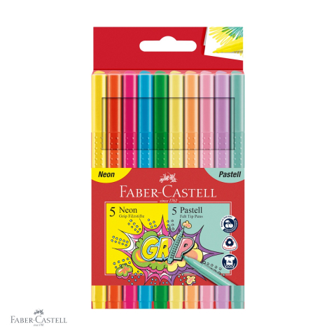 Birotica papetarie - Set 10 carioci pastel si neon Faber-Castell Grip, forma ergonomica triunghiulara, pentru copii si scolari