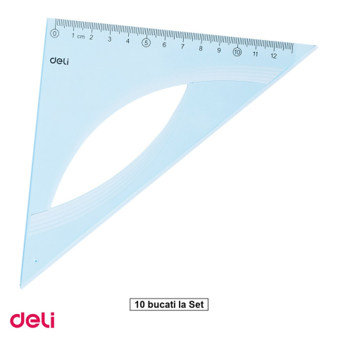 Birotica papetarie - Set 10 echere Deli, din plastic, 12 cm, 45 grade albastru, transparent