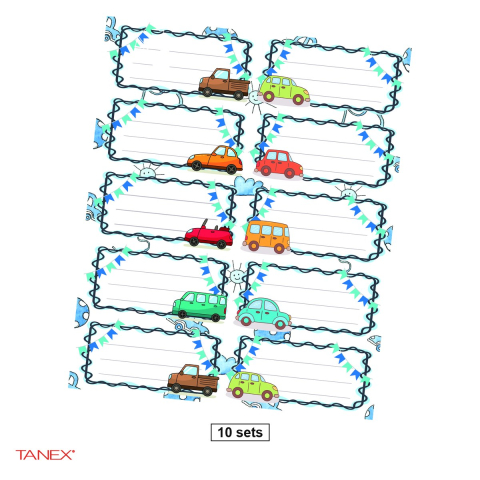 Birotica papetarie - Set 10 pachete cu cate 30 etichete scolare autoadezive TANEX Masini, TLS-727