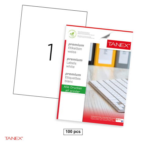 Birotica papetarie - Set 100 etichete autoadezive TANEX A3, o eticheta pe coala, 297x420 mm, colturi drepte, albe