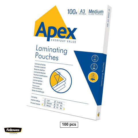 Birotica papetarie - Set 100 folii de laminare Fellowes Apex A3, 125 microni, finisaj lucios, pentru laminare la cald, 297x420 mm