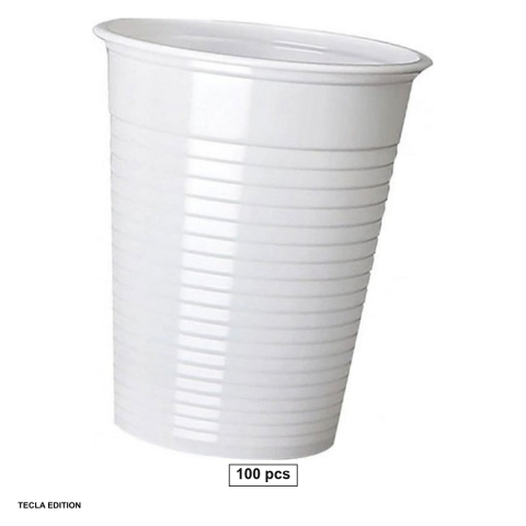 Vesela unica folosinta - Set 100 pahare din plastic, capacitate 160 ml, pentru bauturi reci, albe