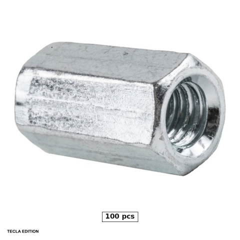 Suruburi, dibluri si accesorii prindere - Set 100 piulite hexagonale de cuplare DIN 6334, M8, lungime 24 mm, cheie 13 mm, otel grad 6, zincate alb, prelungesc o tija filetata, legand-o cap la cap de alta