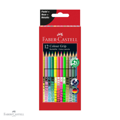 Birotica papetarie - Set 12 creioane colorate Faber-Castell Grip speciale, neon pastel metalizate, forma triunghiulara ergonomica pentru copii