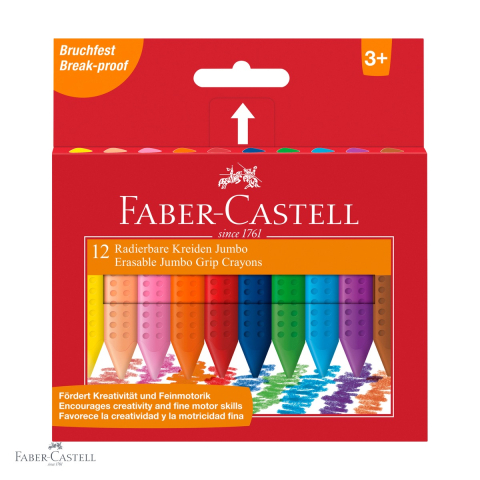 Birotica papetarie - Set 12 creioane colorate plastic Jumbo Grip Faber-Castell, triunghiulare ergonomice, pentru copii de la 3 ani