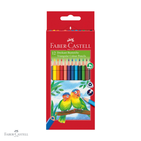 Birotica papetarie - Set 12 creioane colorate triunghiulare Faber-Castell Eco, forma ergonomica, cu ascutitoare inclusa, pentru copii