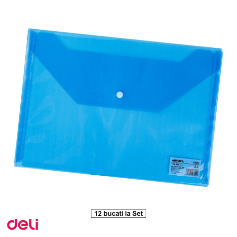 Birotica papetarie - Set 12 mape Deli A4, din plastic, 1 compartiment, buton, albastra