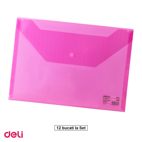 Birotica papetarie - Set 12 mape Deli A4, din plastic, 1 compartiment, buton, rosu