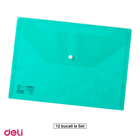 Birotica papetarie - Set 12 mape Deli A4, din plastic, 1 compartiment, buton, verde