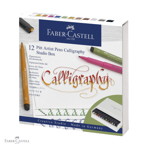 Markere - Set 12 markere caligrafice Faber-Castell Pitt Artist Pen, varf caligrafic, cutie studio pentru artisti
