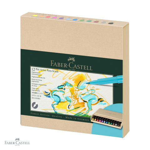 Markere - Set 12 markere Faber-Castell Pitt Artist Pen Brush Studio, varf pensula, cerneala rezistenta la apa, pentru artisti si designeri