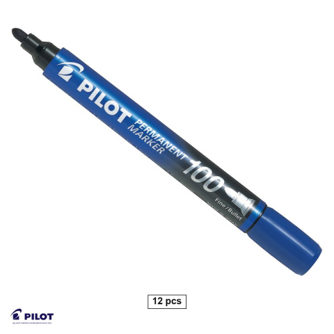Instrumente de scris - Set 12 markere permanente Pilot 100, varf rotund 3 mm, cerneala albastra