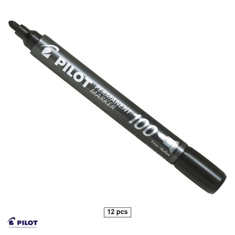 Instrumente de scris - Set 12 markere permanente Pilot 100, varf rotund 3 mm, cerneala neagra