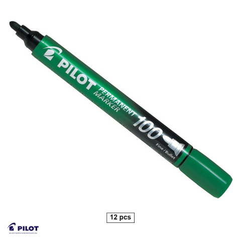 Instrumente de scris - Set 12 markere permanente Pilot 100, varf rotund 3 mm, cerneala verde