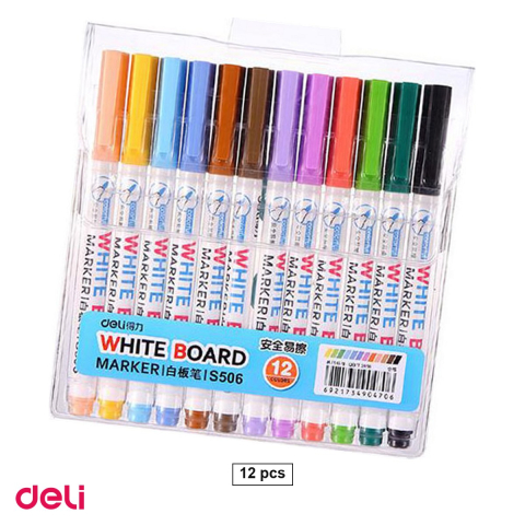 Instrumente de scris - Set 12 markere whiteboard Deli Slim, varf 2 mm, 12 culori