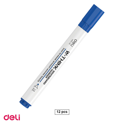 Instrumente de scris - Set 12 markere whiteboard Deli, varf rotund 2 mm, cerneala albastra