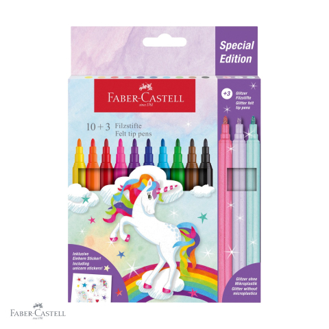 Birotica papetarie - Set 13 carioci Faber-Castell editie unicorni, 10 culori standard si 3 culori pastel, pentru desen si colorare