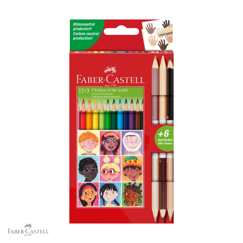 Birotica papetarie - Set 15 creioane colorate Faber-Castell Children of the World, triunghiulare ergonomice cu tonuri de piele, pentru copii