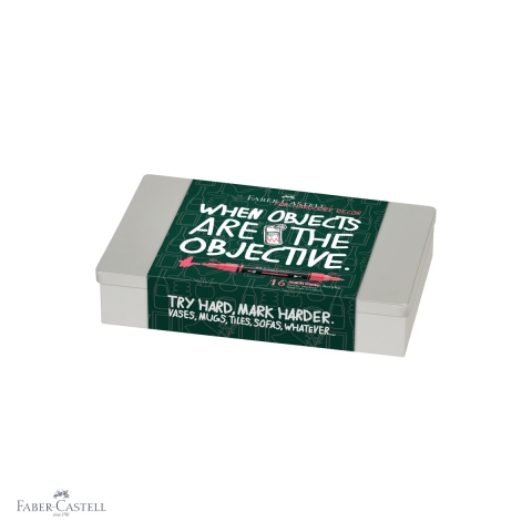 Markere - Set 16 markere acrilice Faber-Castell Multimark, varf dublu, cutie metal, pentru multiple suprafete