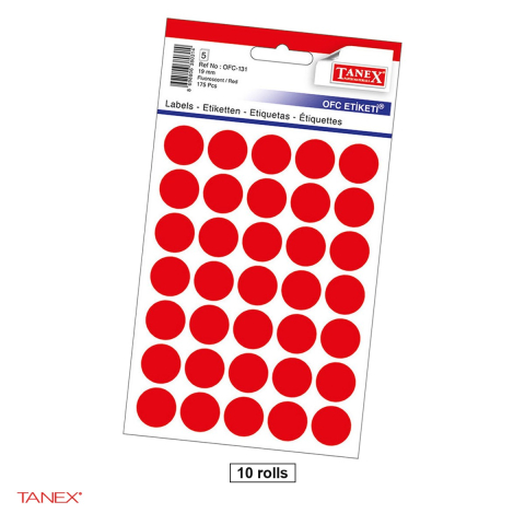 Birotica papetarie - Set 1750 etichete autoadezive rotunde Tanex, diametru 19 mm, 10 seturi, rosii