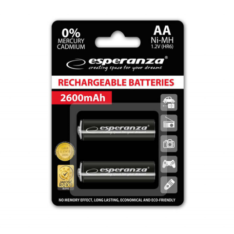 Acumulator R6 / AA - Set 2 acumulatori AA (R6) Esperanza 92254, 2600mAh, Ni-MH, 1.2V, reincarcabili, negri