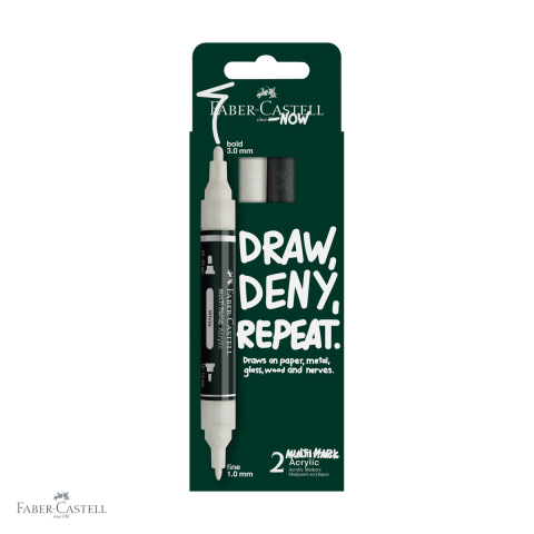 Markere - Set 2 markere acrilice Faber-Castell Multimark alb si negru, varf dublu, pentru suprafete multiple