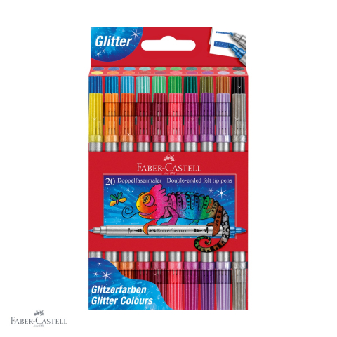Birotica papetarie - Set 20 carioci cu 2 capete Faber-Castell, efect glitter, cerneala pe baza de apa, pentru copii