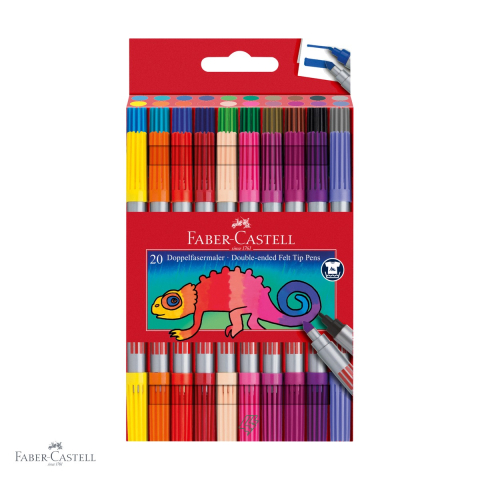 Birotica papetarie - Set 20 carioci cu 2 capete Faber-Castell, varf gros si subtire, cerneala pe baza de apa, pentru copii