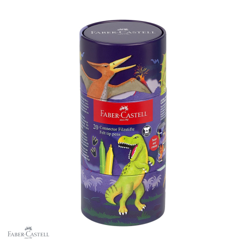 Birotica papetarie - Set 20 carioci Faber-Castell Connector editie dinozauri, capac interconectabil, culori intense pentru copii