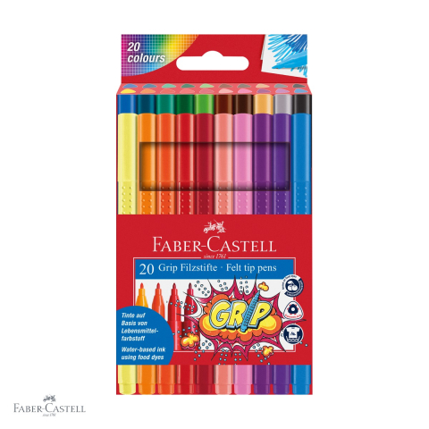 Birotica papetarie - Set 20 carioci Faber-Castell Grip, forma ergonomica triunghiulara, cerneala pe baza de apa, pentru copii