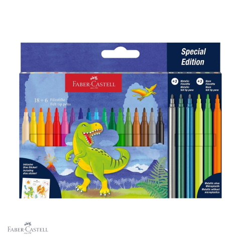 Birotica papetarie - Set 24 carioci Faber-Castell colectia Dinozauri, 18 clasice + 3 metalizate + 3 neon, cu stickere, pentru copii