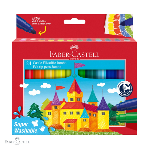 Birotica papetarie - Set 24 carioci Jumbo Faber-Castell Superwashable, cerneala lavabila, pentru desen si colorare