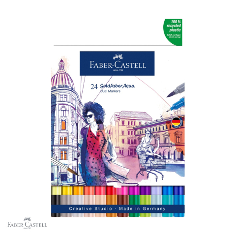 Markere si instrumente de desen artistic - Set 24 markere solubile cu doua varfuri Faber-Castell Goldfaber Candy Shop, varf pensula si varf fin, pentru desen si ilustratie