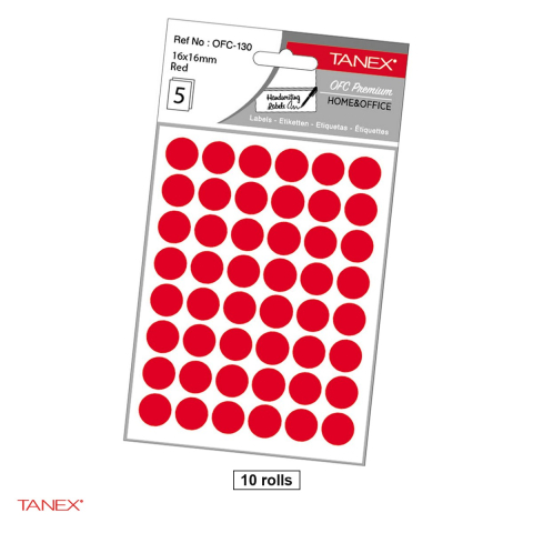 Birotica papetarie - Set 2400 etichete autoadezive rotunde Tanex, diametru 16 mm, 10 seturi, rosii