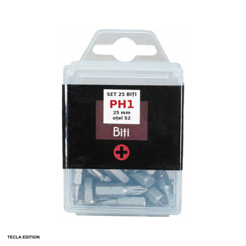 Seturi si accesorii pentru gaurit si insurubat - Set 25 biti PH1, 25 mm, otel S2, insurubeaza suruburile cu cap cruce Phillips (PH), cele folosite des la gips-carton si mobila