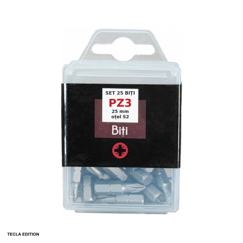 Seturi si accesorii pentru gaurit si insurubat - Set 25 biti PZ3, 25 mm, otel S2, insurubeaza suruburile Pozidriv (PZ), de la PAL si lemn, fara sa alunece din cap