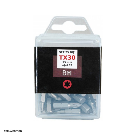 Seturi si accesorii pentru gaurit si insurubat - Set 25 biti TX30, 25 mm, otel S2, insurubeaza suruburile Torx (TX) fara ca bitul sa scape din cap la strangere